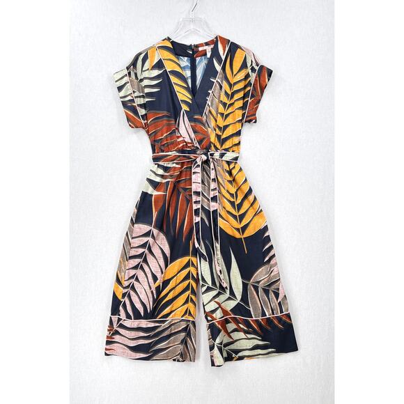 ANTHROPOLOGIE HUTCH Jess Jumpsuit Womens Small Leaf Print Short Sleeve V-neck - Picture 3 of 16